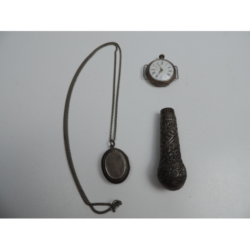 184 - Silver Watch, Walking Cane Topper and Locket