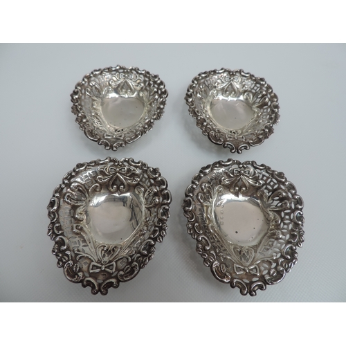 217 - A Set of 4x Late Victorian Pin Dishes, Heart Shaped, Pierced Foliate Sides, all Sitting on 3 Ball Fe... 