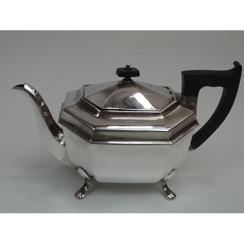 268 - An Art Deco Silver Tea Set - Teapot, Milk & Sugar Canted Rectangular Form Standing on Four Lions Paw... 