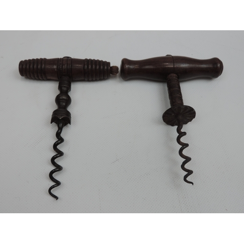 38 - 2x Antique Button Corkscrews with Coco Bolo Wooden Handles, Both c1840 - One has a Tulip Shaped Cork... 