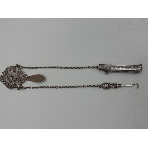 267 - A Chester Silver Chatelaine Clip with a Hanging Button Hook and a Multi-Tool with Three Implements -... 