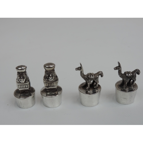 241 - 4x Peruvian Silver Bottle Stopper Cork Mounts, 2 with Gods, 2 with Alpacas/Llamas - All Marked '925'... 