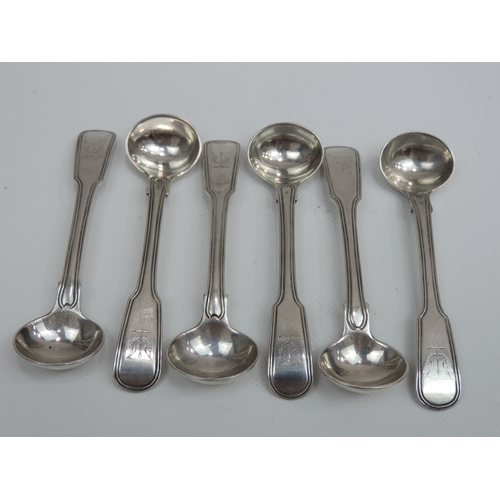 253 - A Set of 6x George IV Irish Silver Salt Spoons, Fiddle & Thread Pattern with Crested Terminals - Hal... 