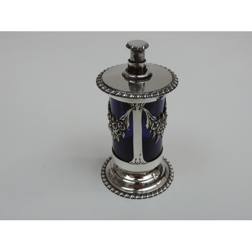 25 - An Edwardian Silver Mounted Blue Glass Pepper or Salt Dispenser, with Push-Down Action and Removable... 