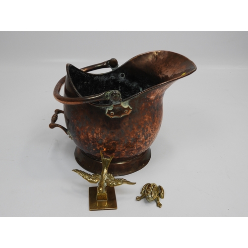 198 - Copper Coal Scuttle and 2x Brass Animals