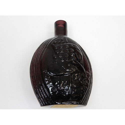 86 - American Eagle and Flag Whisky Flask in Amethyst Glass - Coffin and Hay, Winslow New Jersey