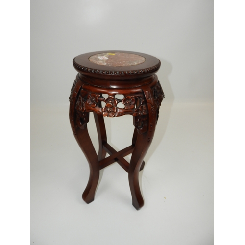 207 - Carved Hardwood Plant Stand with Marble Top