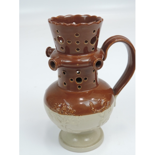 595 - Saltglazed Fow Lipped Embossed Victorian Puzzle Jug and Saltglazed Flagon Plus Doulton Jug