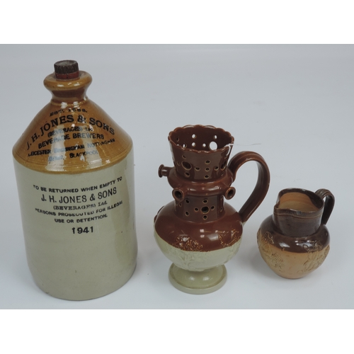 595 - Saltglazed Fow Lipped Embossed Victorian Puzzle Jug and Saltglazed Flagon Plus Doulton Jug