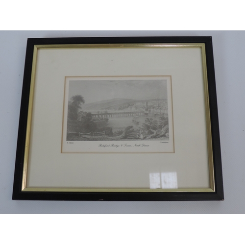 77 - Framed Engraving of Bideford Bridge & Town by T. Allom