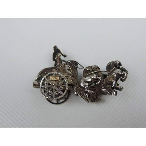 42 - Silver Miniature: A Miniature Silver Roman Racing Chariot with Three Horses - Typically Unmarked - A... 