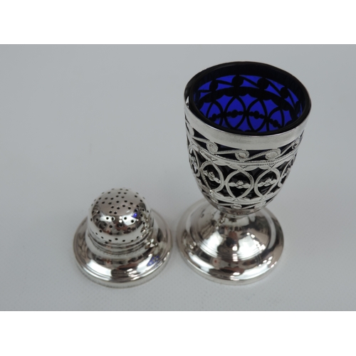 393 - A Late Victorian Chester Silver Pepper Pot with Blue Glass Liner of Vase Form with Pierced Sides and... 