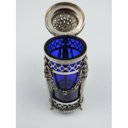 210 - A Dutch Silver Pepper Pot with Blue Glass Liner the Silver Frame Pierced Top and Bottom Pierced also... 