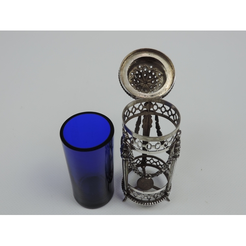 210 - A Dutch Silver Pepper Pot with Blue Glass Liner the Silver Frame Pierced Top and Bottom Pierced also... 