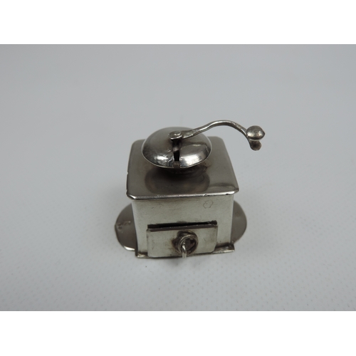 364 - Silver Miniature: A Dutch Silver Miniature Coffee Grinder with Rotating Handle and Pull-out Drawer -... 