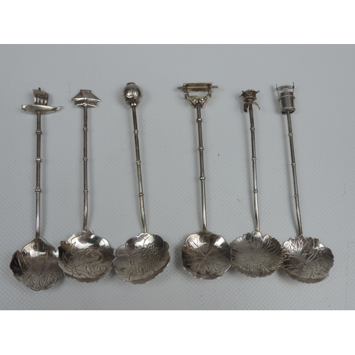 65 - A Set of 6x Cased Japanese Silver Teaspoons - Each with a Petal Shaped Bowl Engraved as a Different ... 