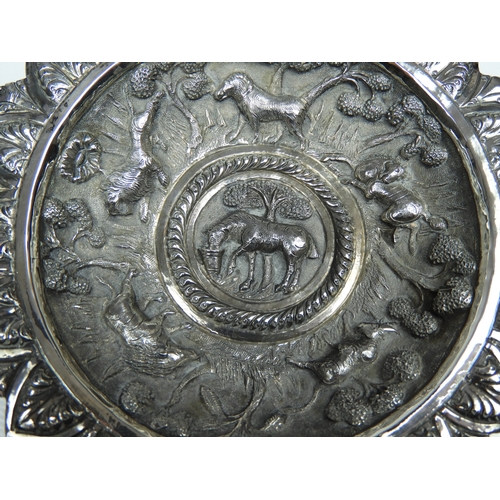 287 - A Pair of c1900 Indian Silver Chased Dishes with Animals and Foliage to the Bowls each Raised up on ... 