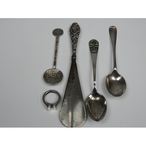 330 - Silver Items - To include 3x Teaspoons, A Shoe Horn, A Middle Eastern Napkin Ring, A Silver Topped G... 