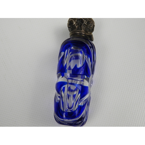 49 - Cut Glass Scent Bottle with Stopper and Unmarked Hinged Silver Cap - Cap is Dented