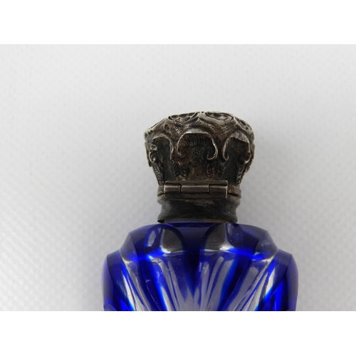 49 - Cut Glass Scent Bottle with Stopper and Unmarked Hinged Silver Cap - Cap is Dented