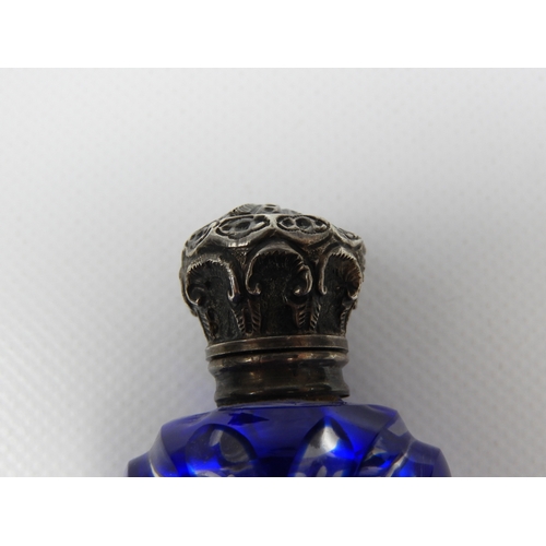 49 - Cut Glass Scent Bottle with Stopper and Unmarked Hinged Silver Cap - Cap is Dented