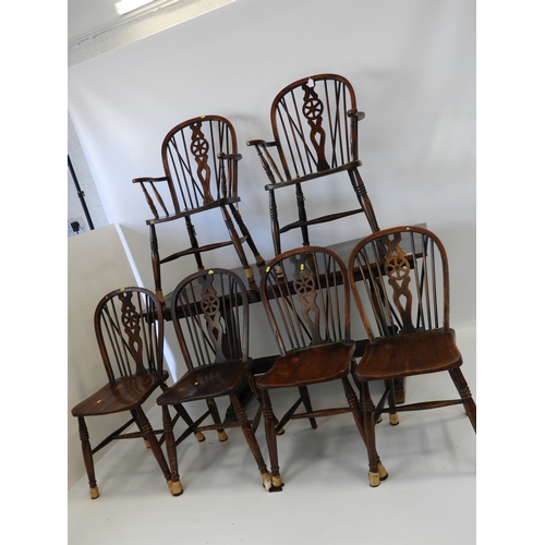 272 - Oak Refectory Dining Table and 6x Wheel Back Chairs Two of which are Carvers