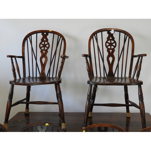 272 - Oak Refectory Dining Table and 6x Wheel Back Chairs Two of which are Carvers