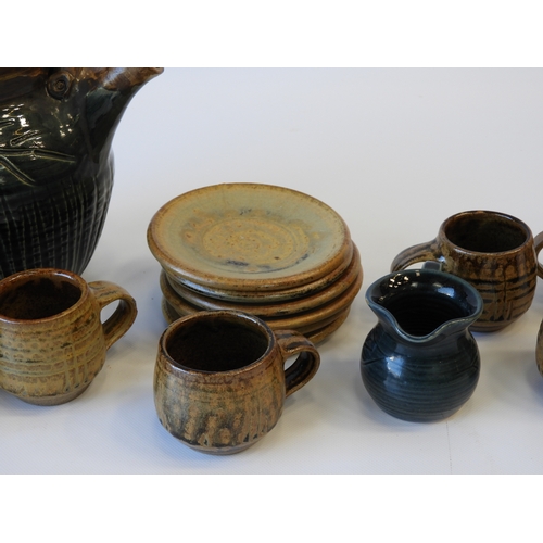 594 - Devon Studio Pottery - A Teapot and Milk Jug Marked ‘TP’, in Green together with 6x Coffee Cups and ... 