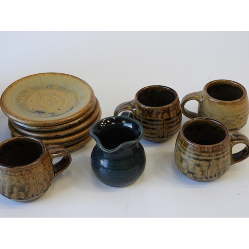 594 - Devon Studio Pottery - A Teapot and Milk Jug Marked ‘TP’, in Green together with 6x Coffee Cups and ... 