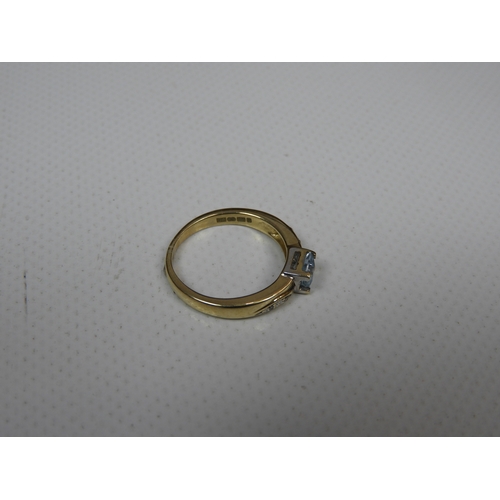 14 - 9ct Yellow Gold Ring Set with Square Cut Aquamarine with Diamond Accents to Shoulders