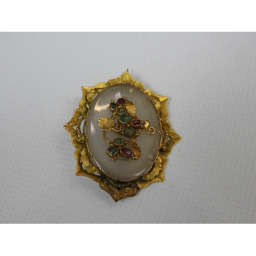 11 - Unmarked Gold Brooch Set with Chalcedony, Emeralds and Rubies