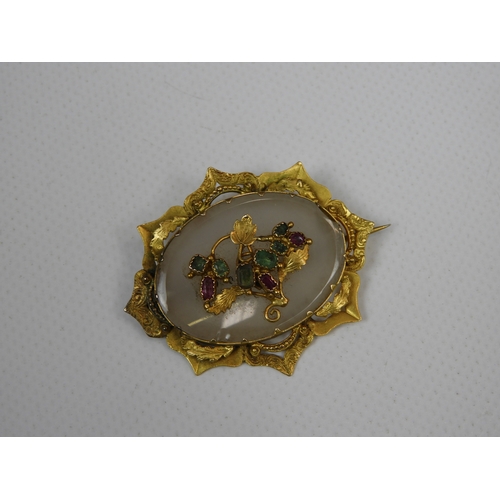 11 - Unmarked Gold Brooch Set with Chalcedony, Emeralds and Rubies