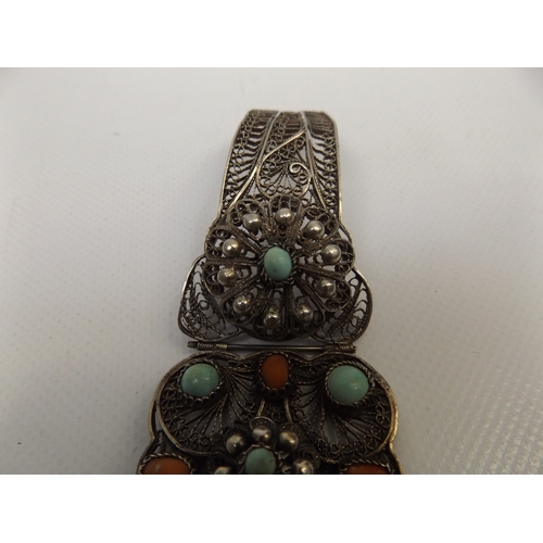 346 - Unmarked Silver Filigree Coral and Turquoise Set Bangle