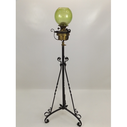 470 - Wrought Iron Adjustable Lamp Stand with Unmatched Lamp and Green Glass Globe