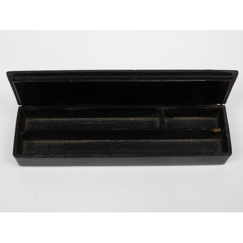 644 - 2x Ebonised Lacquered Papier Mache Pencil Boxes with Hand Painted Decoration