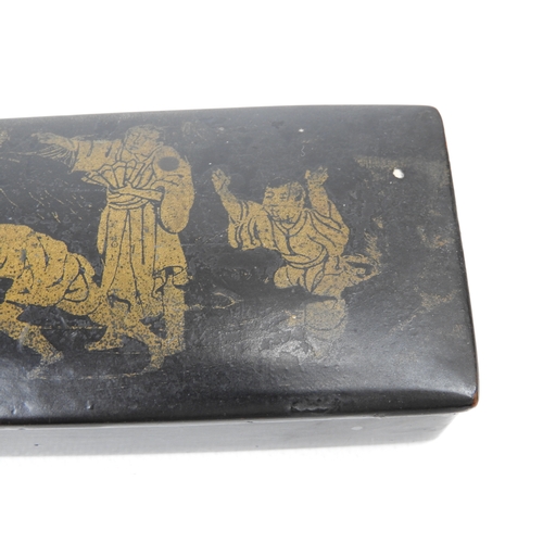 644 - 2x Ebonised Lacquered Papier Mache Pencil Boxes with Hand Painted Decoration