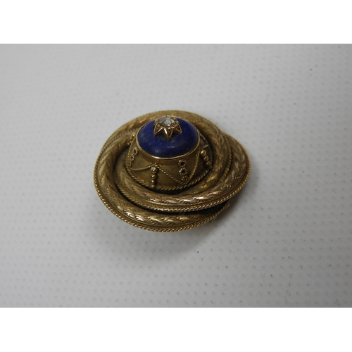 303 - Unmarked Yellow Gold Brooch Set with Lapis and a Rough Cut Diamond