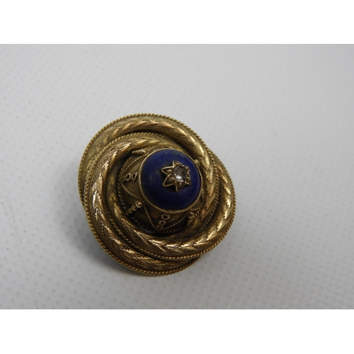 303 - Unmarked Yellow Gold Brooch Set with Lapis and a Rough Cut Diamond