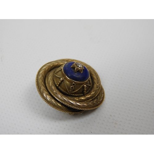 303 - Unmarked Yellow Gold Brooch Set with Lapis and a Rough Cut Diamond