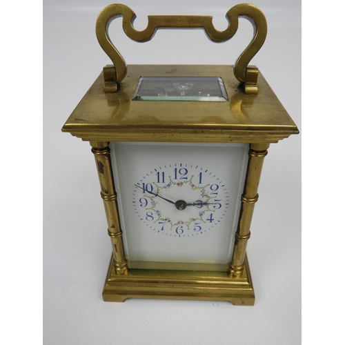 27 - Leather Fitted Cased Enamel Faced Brass Carriage Clock