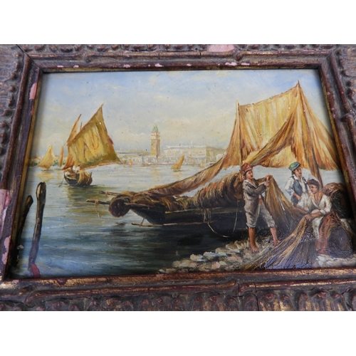 137 - Gilt Framed Oil on Board Coastal Scene Visible Picture 160mm x 110mm - Possibly Venice - Frame Damag... 