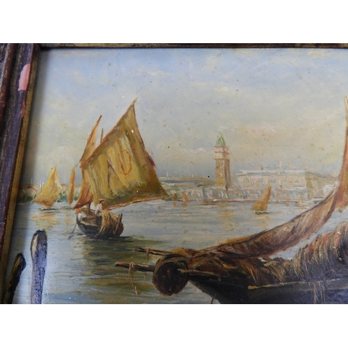 137 - Gilt Framed Oil on Board Coastal Scene Visible Picture 160mm x 110mm - Possibly Venice - Frame Damag... 