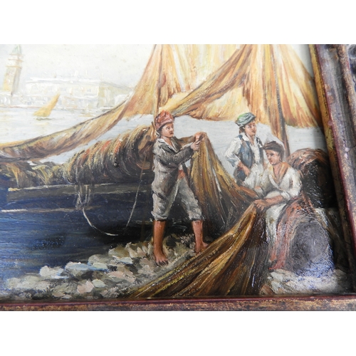 137 - Gilt Framed Oil on Board Coastal Scene Visible Picture 160mm x 110mm - Possibly Venice - Frame Damag... 