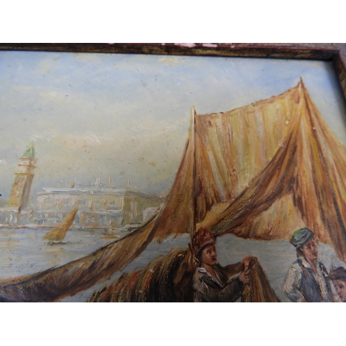 137 - Gilt Framed Oil on Board Coastal Scene Visible Picture 160mm x 110mm - Possibly Venice - Frame Damag... 