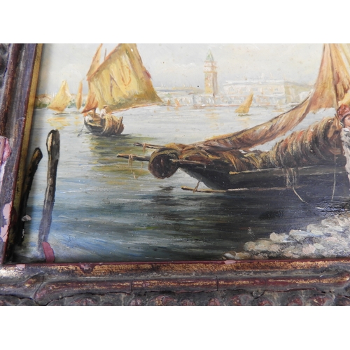 137 - Gilt Framed Oil on Board Coastal Scene Visible Picture 160mm x 110mm - Possibly Venice - Frame Damag... 