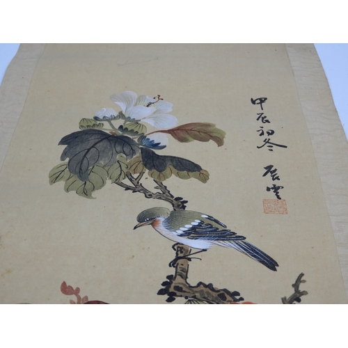 659 - Chinese Hand Painted Silk Scroll - Flower and Bird by Chin Wen