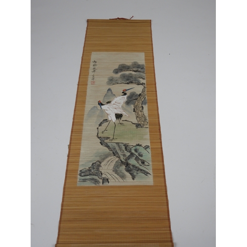 662 - Chinese Hand Painted Bamboo Scroll - Cranes