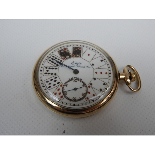 296 - Elgin Gamblers Watch with Playing Card Motif Face - Gold Filled C1926 - Excellent Order, Screw Back