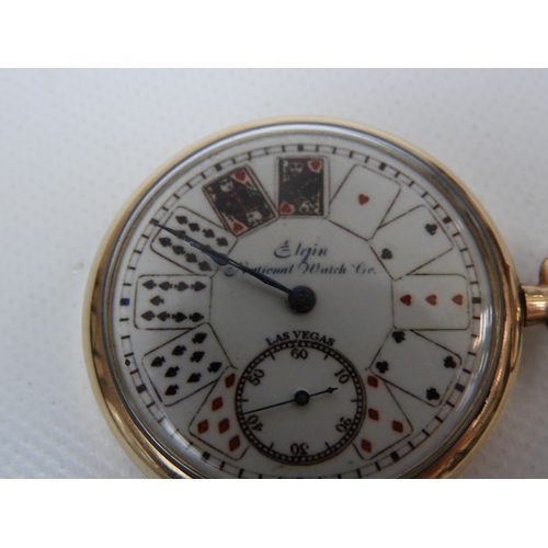 296 - Elgin Gamblers Watch with Playing Card Motif Face - Gold Filled C1926 - Excellent Order, Screw Back