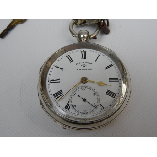 298 - Silver Cased Okehampton Pocket Watch C1916 - Excellent Working Order with Key - W.H. Cornish Okehamp... 